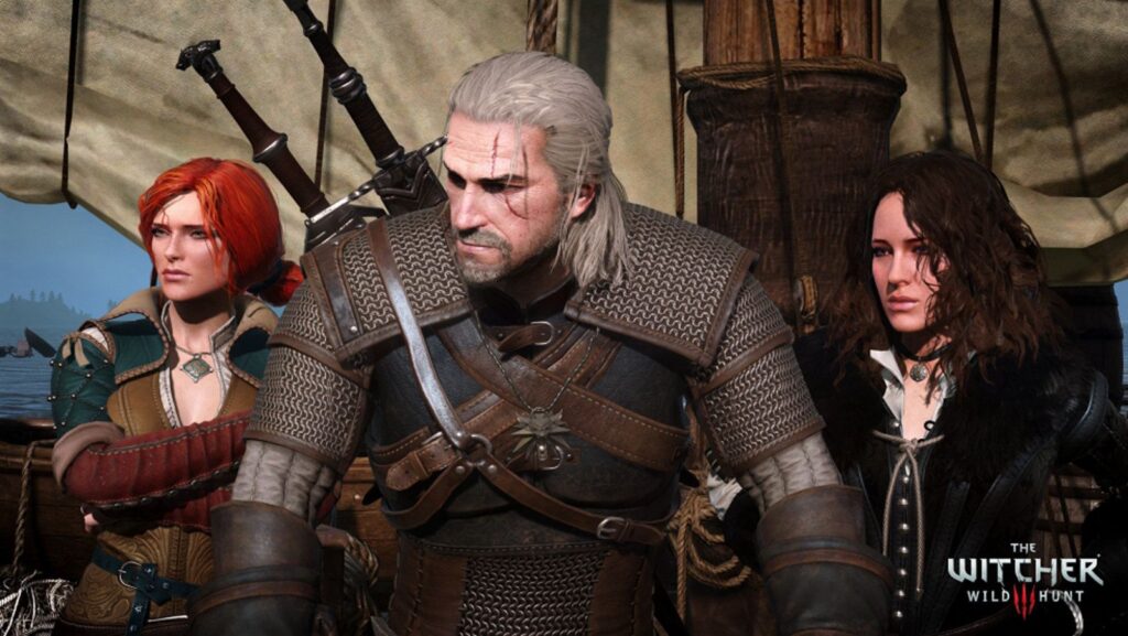 Geralt, Triss, and Yennifer from The Witcher 3: Wild Hunt, a game CD Projekt also had difficulties developing. 