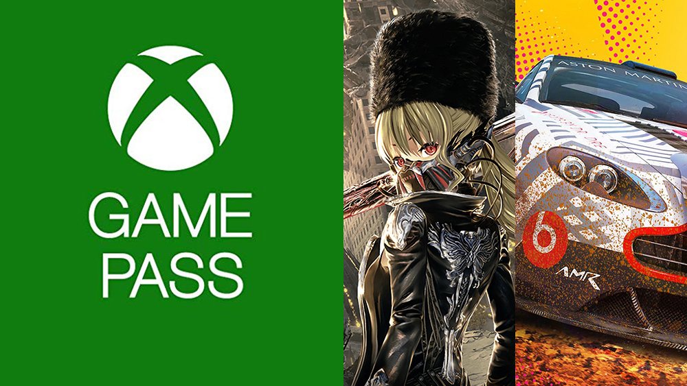 The Xbox Game Pass logo, followed by images of Code Vein and DIRT 5