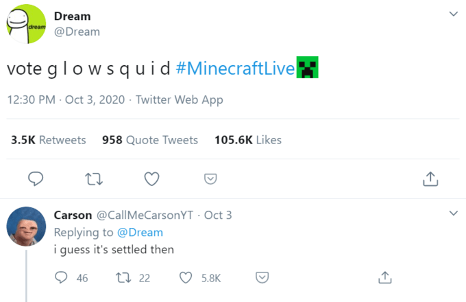 Screenshots of Dream tweets about Minecraft Glow Squids