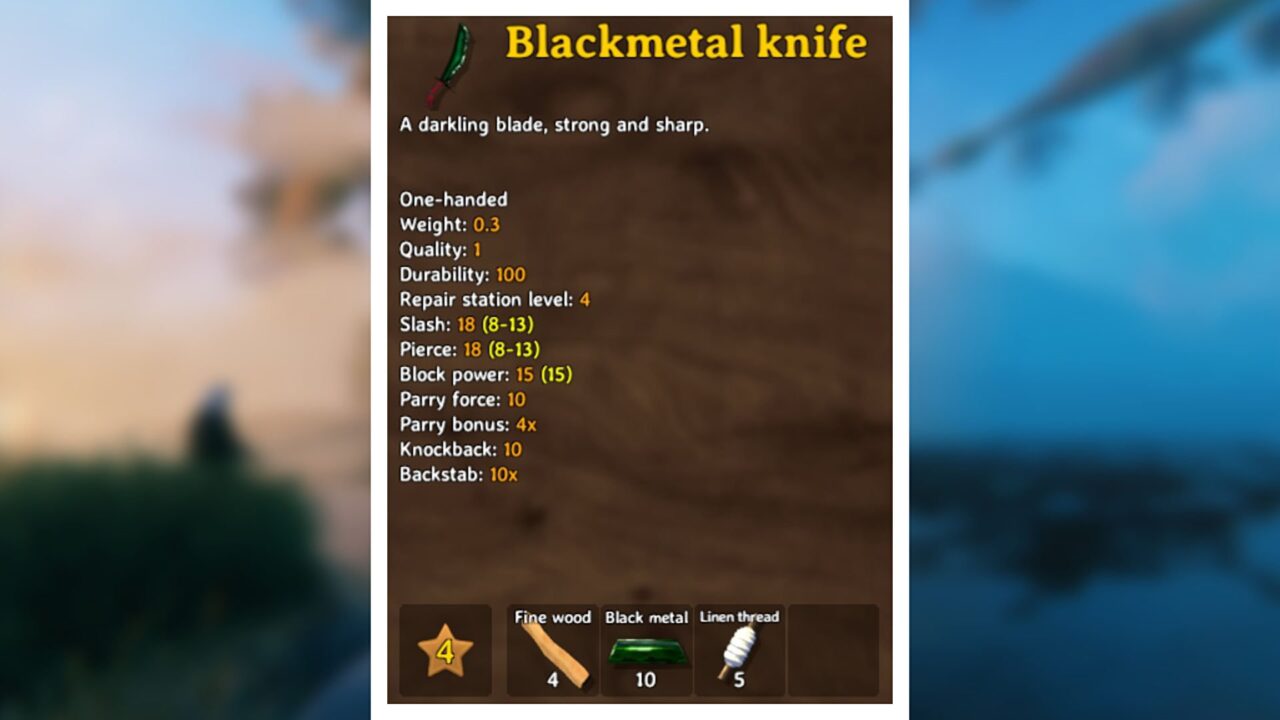 Valheim Blackmetal Knife stats