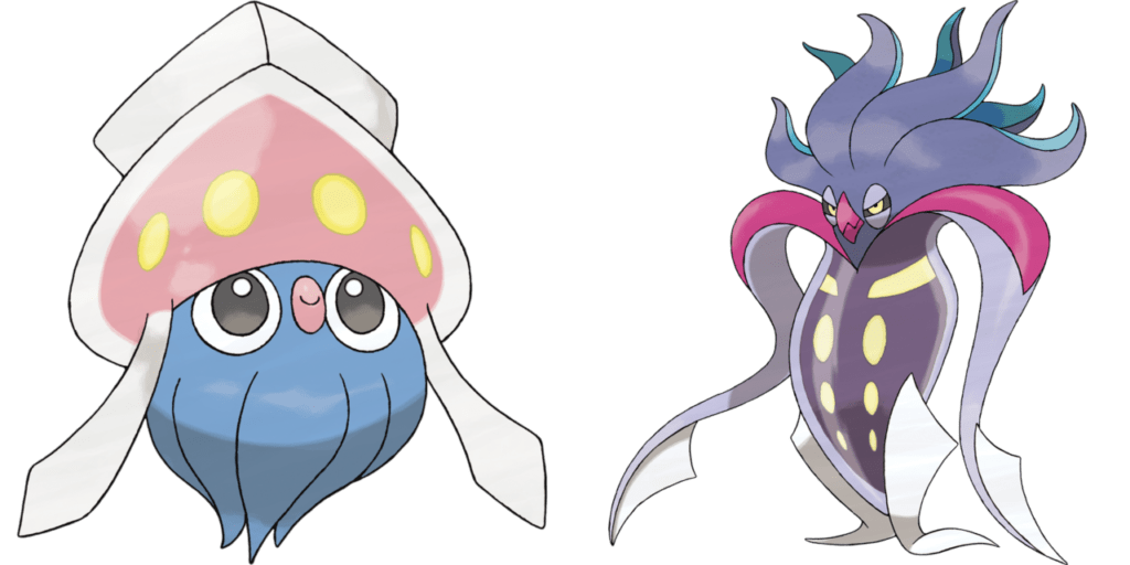The Pokemon Inkay, and its evolved form Malamar side by side