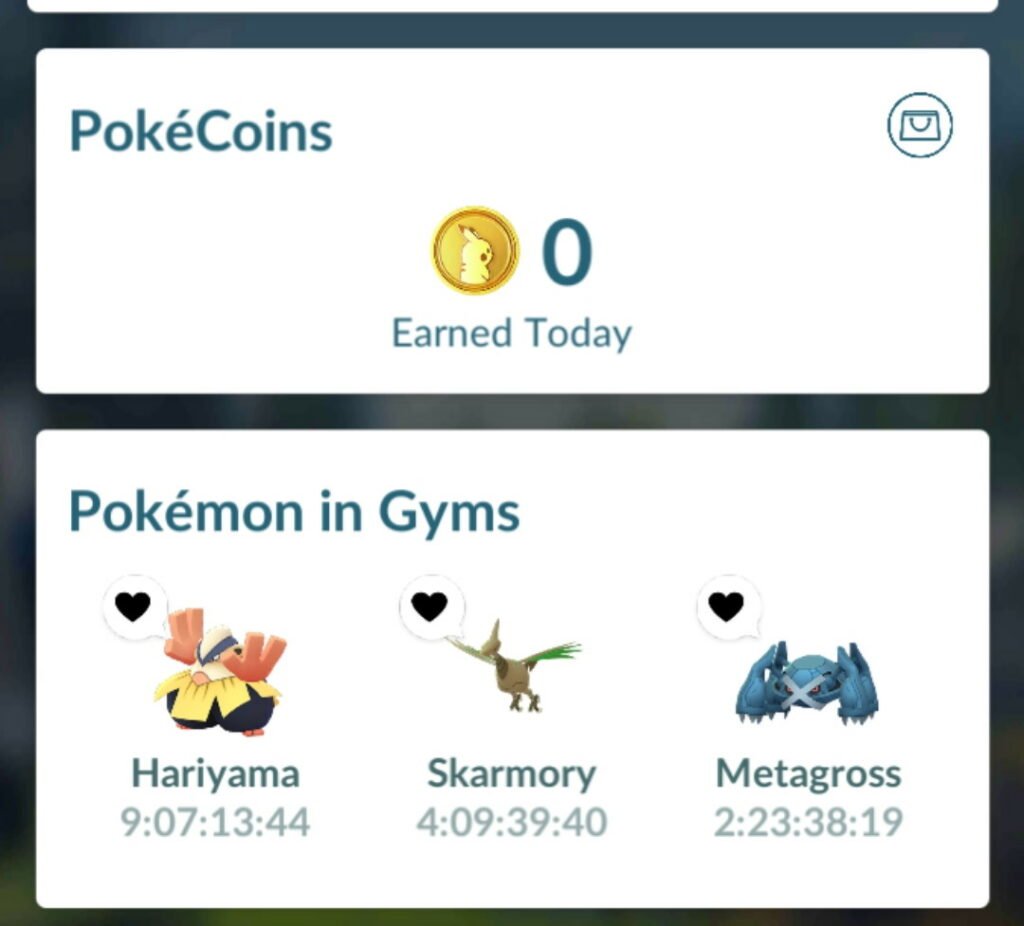 A screen showing Pokemon In gyms and Pokecoins earned today