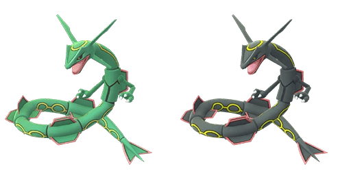 A comparison between shiny and normal Rayquaza in Pokemon Go