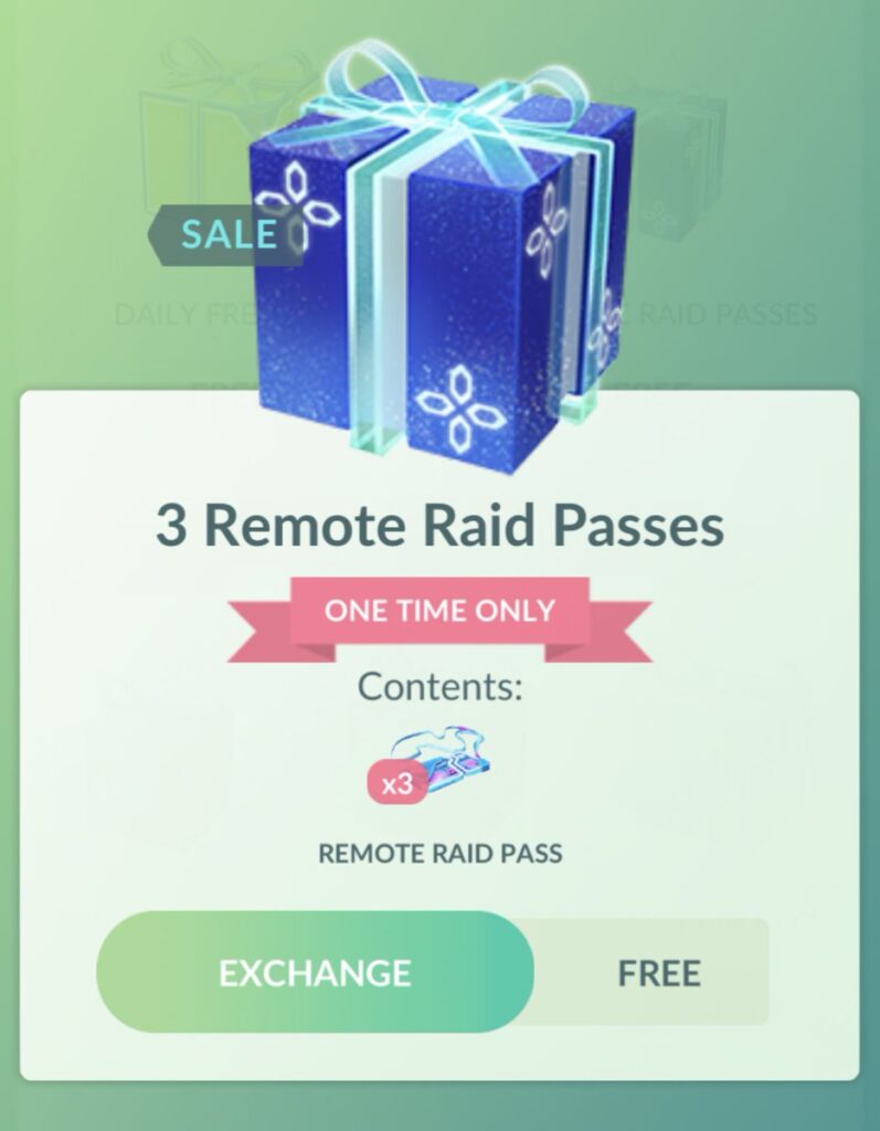 An in-game store bundle of three remote raid passes for Pokemon Go