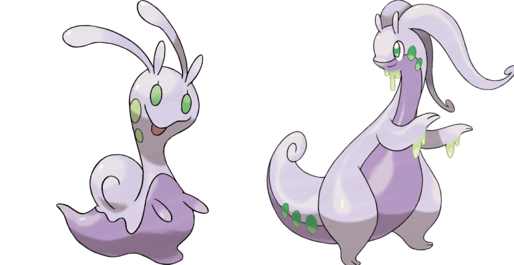 The Pokemon Sligoo, and its evolved form Goodra side by side