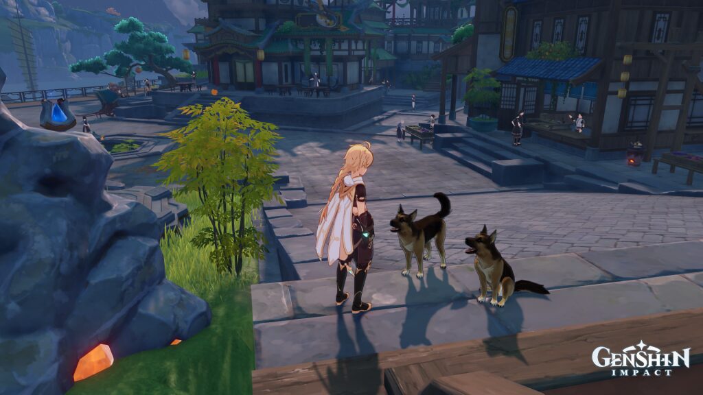 A scenery shot from the Kamera tool in Genshin Impact featuring two dogs and the Traveller in Liyue, (Cross Platform)