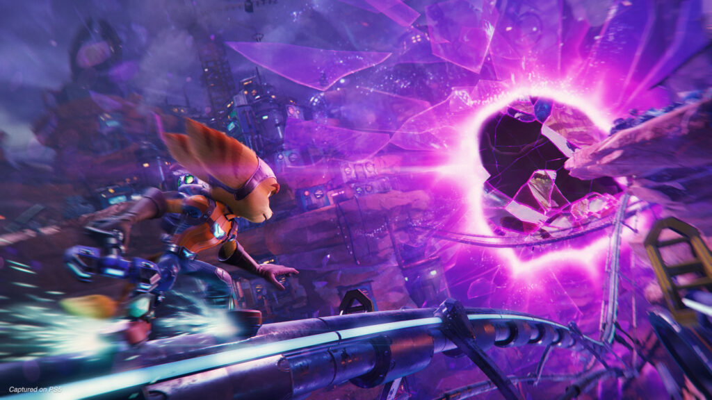 Entering a rift while on a grind rail in Ratchet and Clank: Rift Apart. 