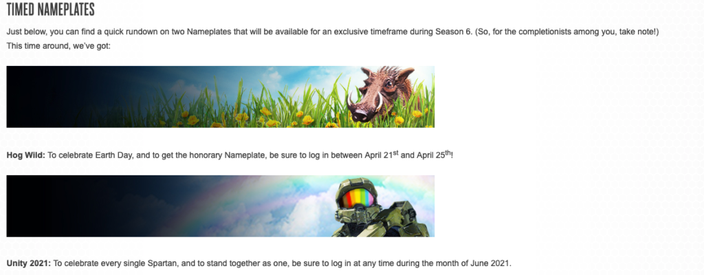 Halo MCC Season 6 Raven Season Rewards Timed Nameplates Hog Wild Unity 2021 Master Chief Collection
