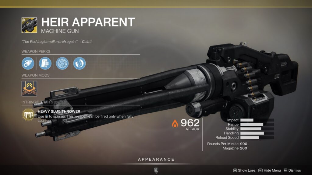 Heir Apparent, an exotic weapon available during Guardian Games in Destiny 2. 