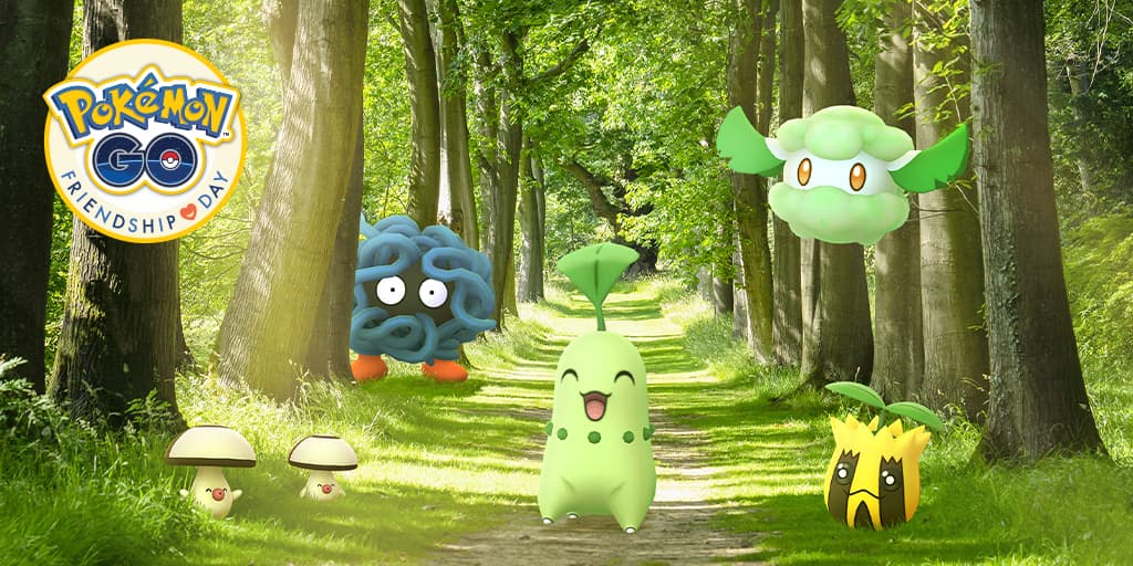 Pokemon Go Friendship Day title image, featuring a number of grass types