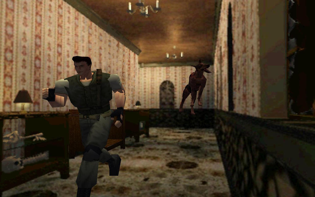 Chris Redfield running down the iconic dog hallway from the classic Resident Evil: Director's Cut.