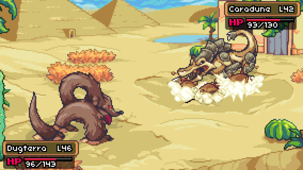 Gameplay of Dugterra and Caradune in a battle, as part of the Coromon preview. 