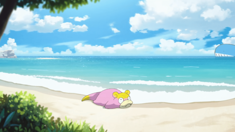 The Pokemon Galarian Slowpoke relaxing on a beach.