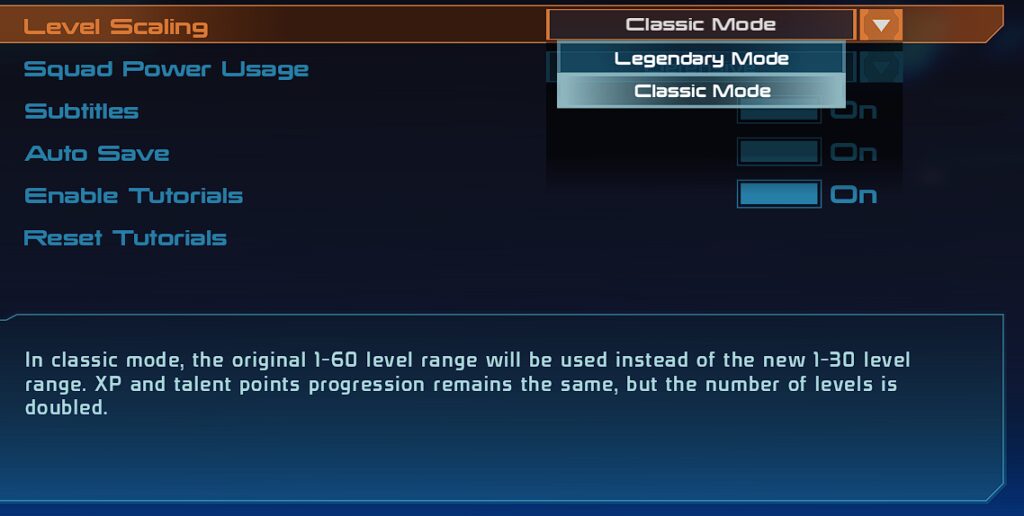 An image shown Mass Effect Legendary Editions Classic versus Legendary levelling modes