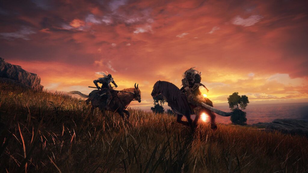 Elden Ring gameplay on horseback, in the open world. 