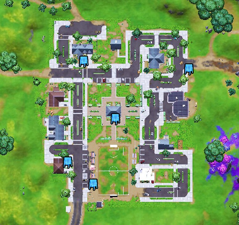 Fortnite Chapter 2 Season 7 Week 3 Place welcome signs in Pleasant Park and Lazy Lake Pleasant Park Map
