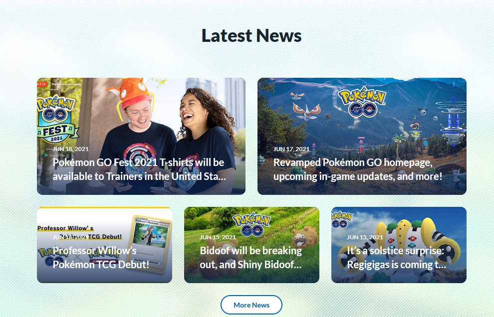 The new news section of the Pokemon Go Website.