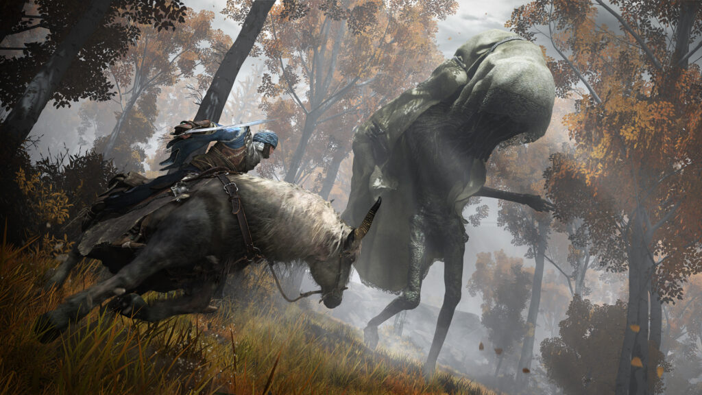 The player character of Elden Ring on horseback, avoiding a huge enemy. 