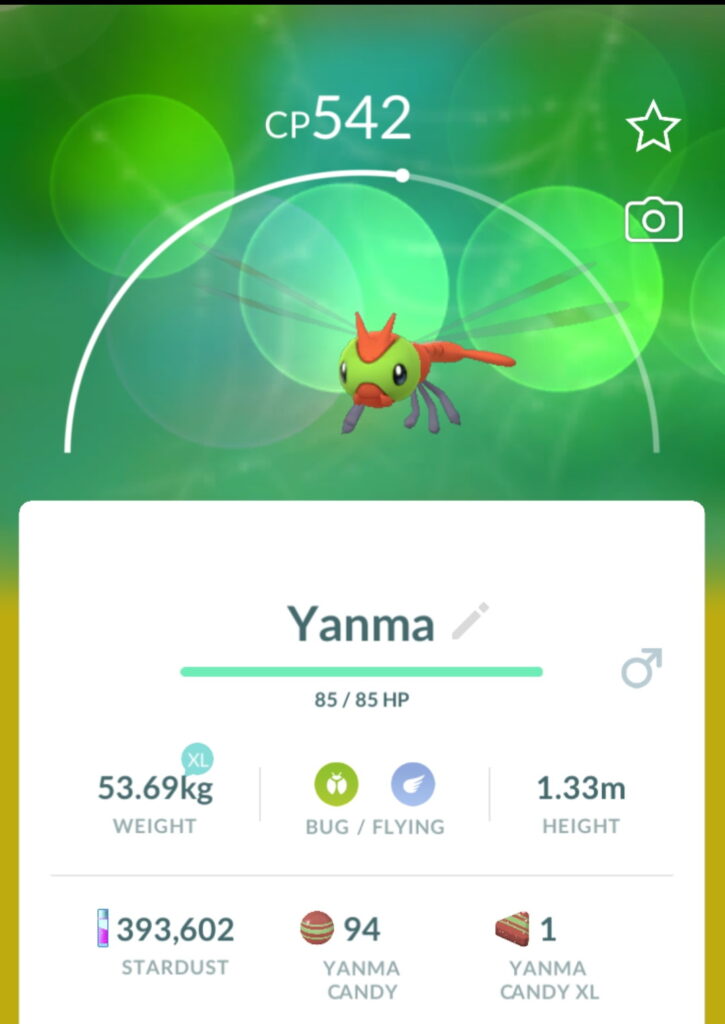 XL candy shown in the Pokemon Go interface on Yanma's page
