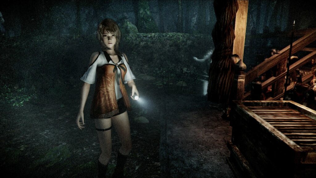 A main character, Yuri, exploring a location in last Fatal Frame game, which will be on the Switch. 