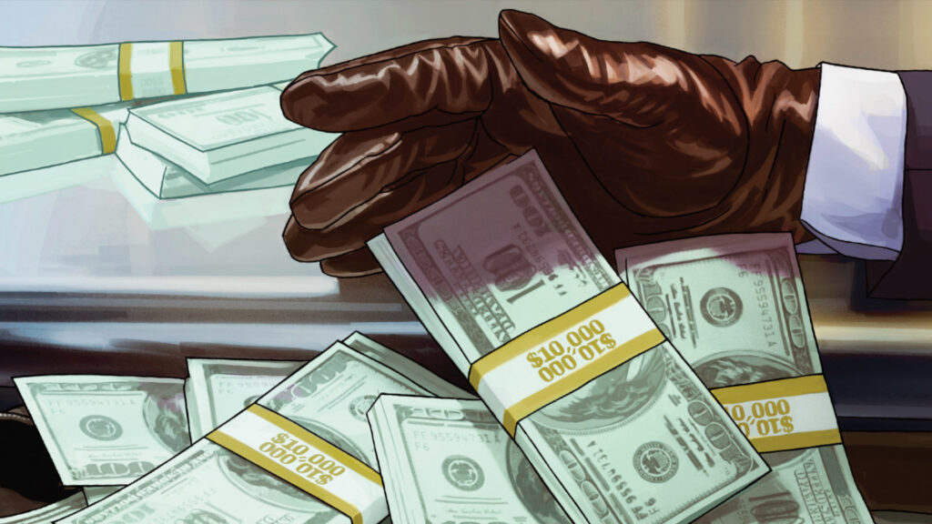 Money being put into a bag by a gloved hand. GTA 6 is sure to continue this trend but with cryptocurrency. 