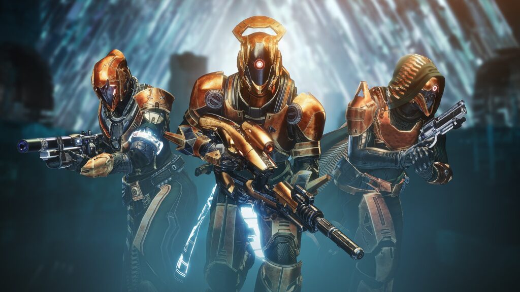 Three Guardians in the Vault of Glass, presumably in Destiny 2's Master mode. 