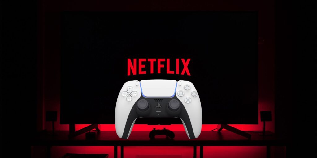 A PS5 controller in front of a TV with Netflix on the screen, ready to play games. 