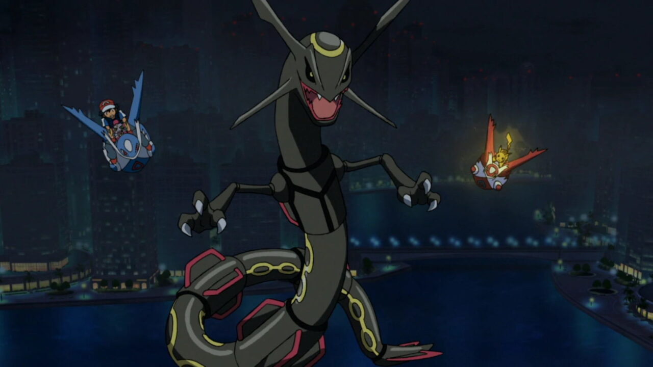 A scene from a Pokemon movie showing Shiny Rayquaza, a Pokemon Go raid boss