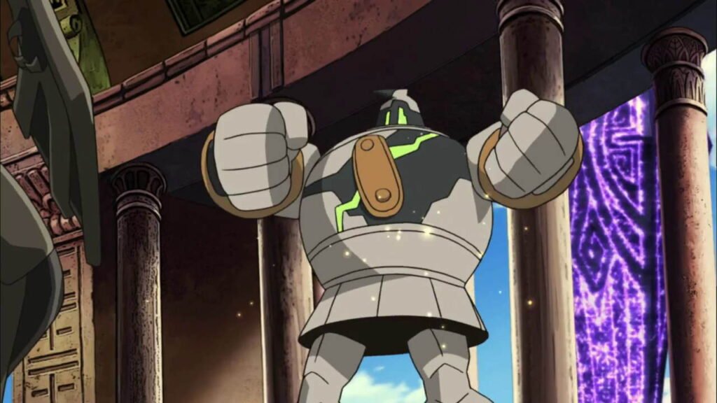 Shiny Golurk getting ready for a fight in the Pokemon anime