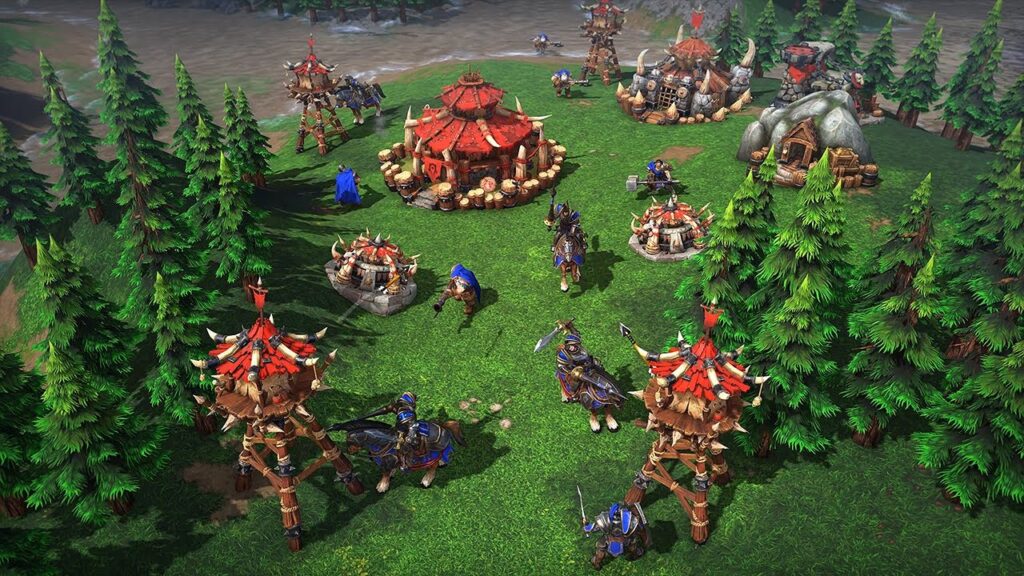 A battle in Warcraft 3 Reforged between humans and orcs