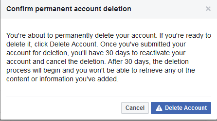 Confirm facebook account deletion