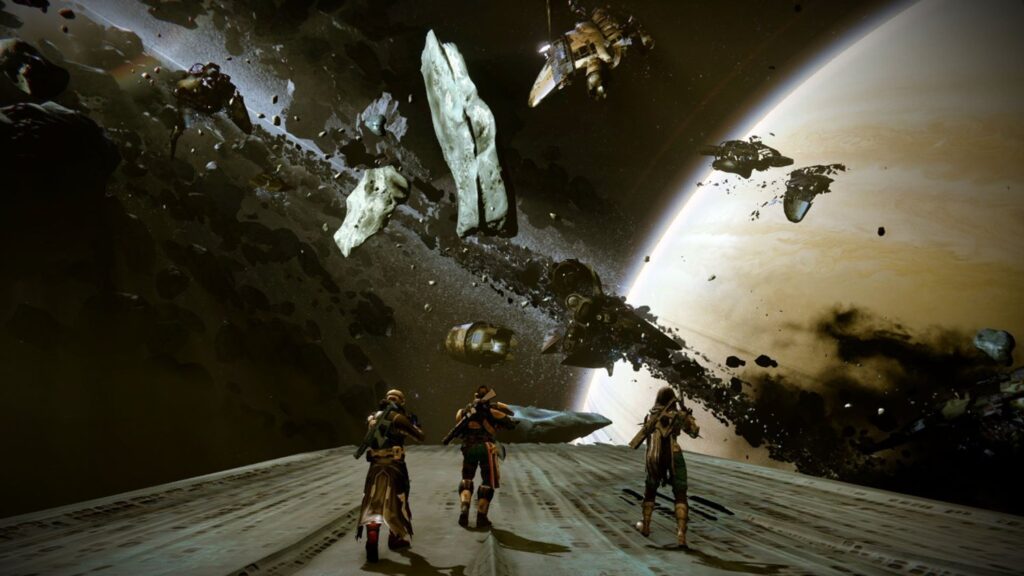 Three Guardians overlooking Saturn in King's Fall from the original Destiny.