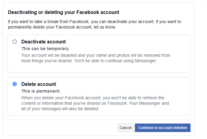 Choosing what to do with the facebook account, one of the last steps on How to delete your Facebook account