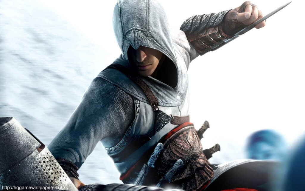 Altair from the first Assassin's Creed game, stabbing an enemy knight. 