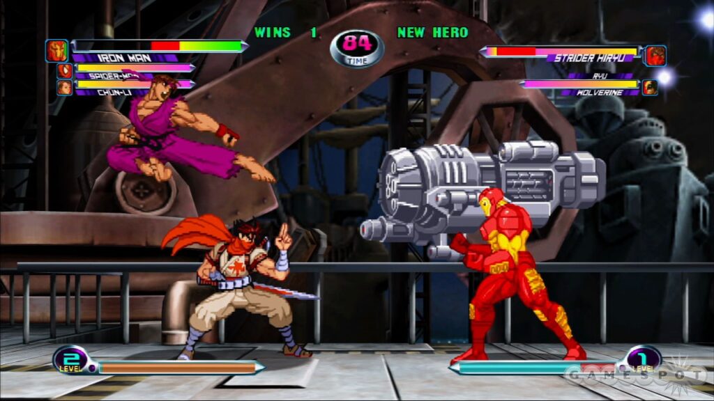 A normal match in Marvel Vs Capcom 2, between Strider Hiryu, Ryu, and Iron Man. 