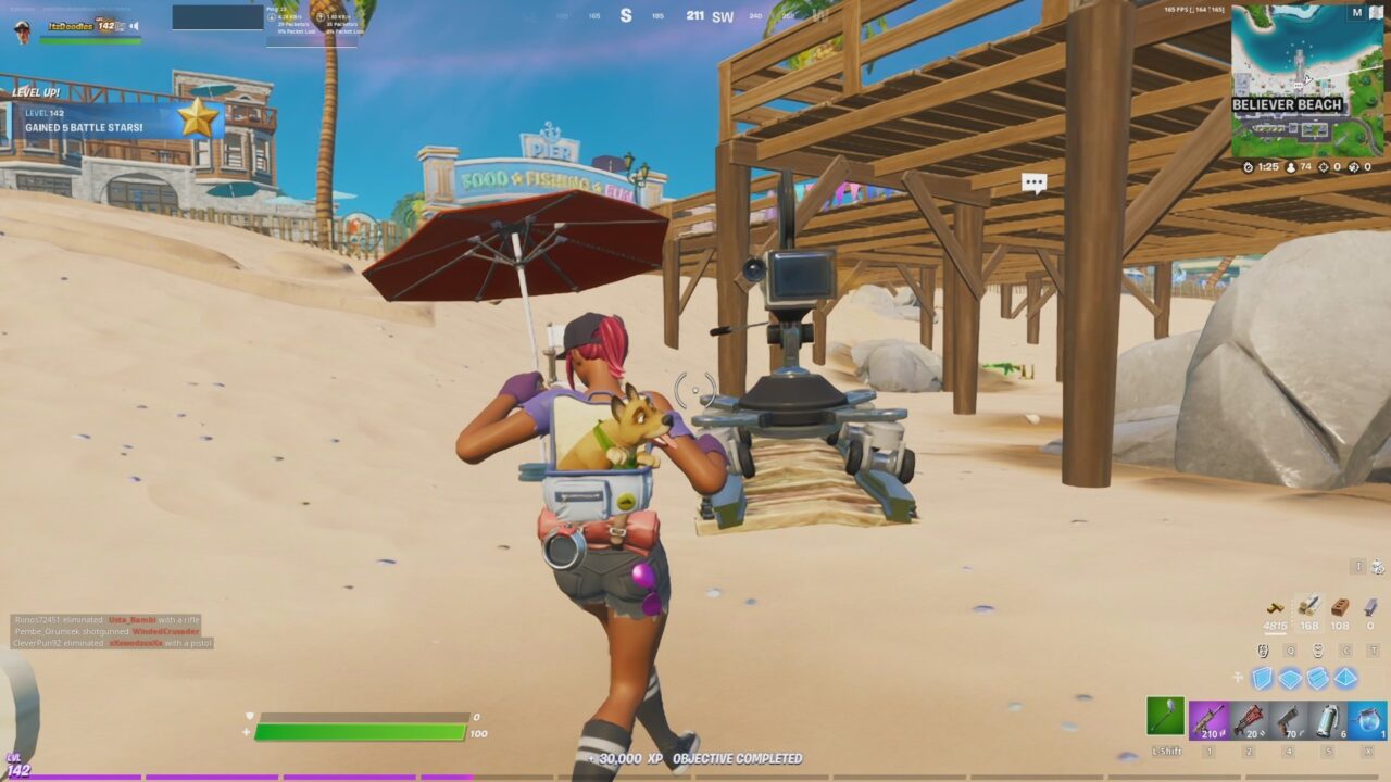 Fortnite Chapter 2 Season 7 Week 8 Emote in front of a camera at Believer Beach or Lazy Lake