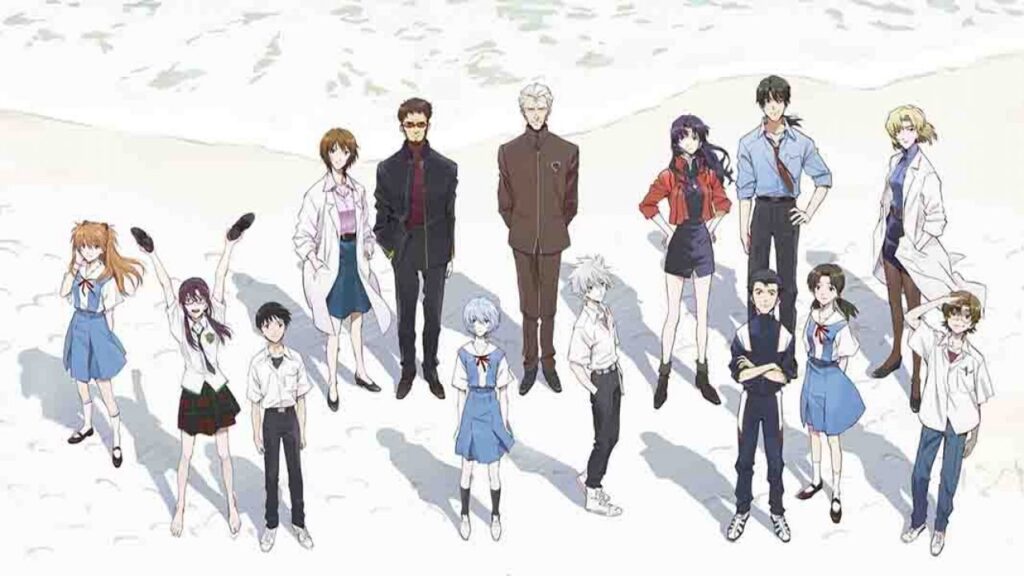 The entire cast of Evangelion, in promotional artwork for Evangelion 3.0+1.01 Thrice Upon a Time. 