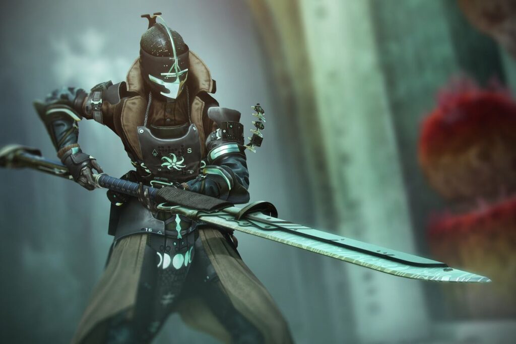 A warlock carrying Destiny 2's newest weapon archetype, the glaive, revealed in the live stream for The Witch Queen. 