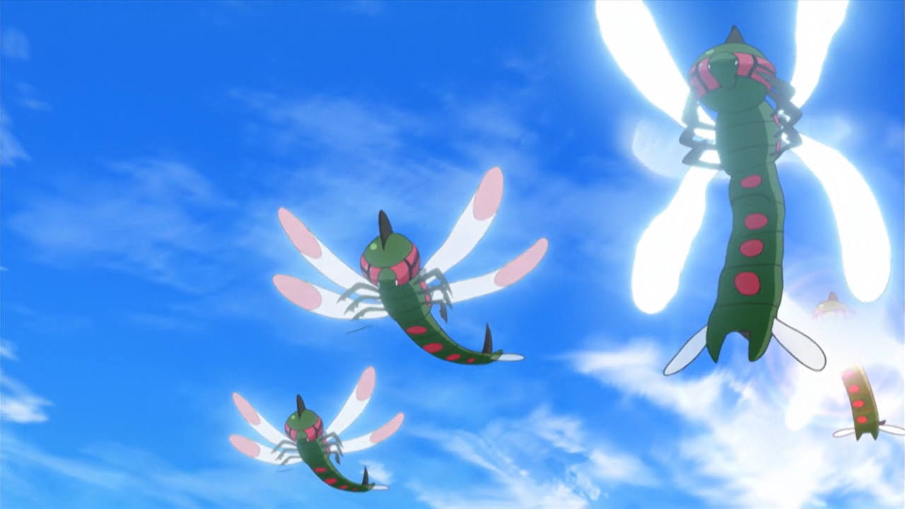 A group of Yanmega in the Pokemon Anime