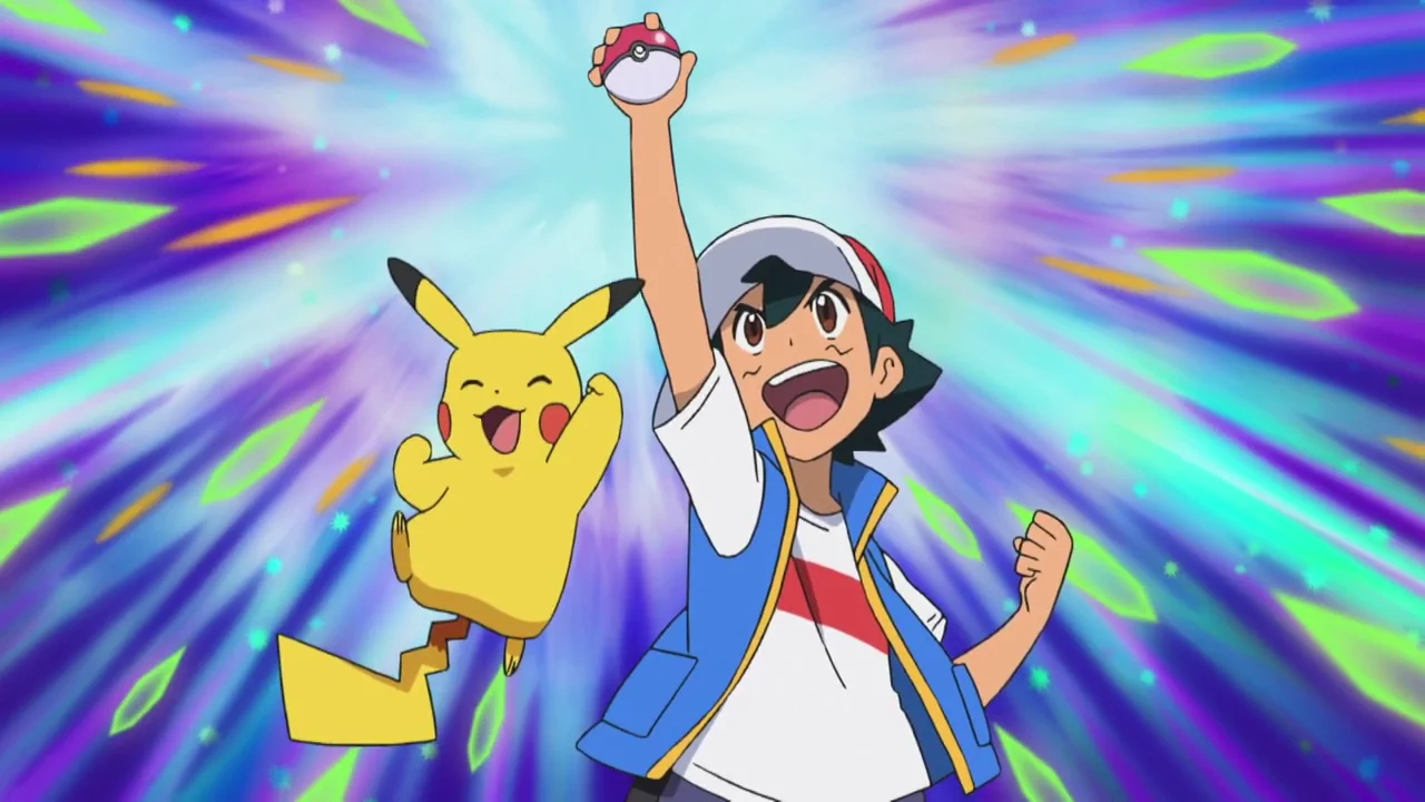 Lucky friends title Pokemon Go Ash celebrating