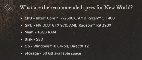 New World recommended system requirements