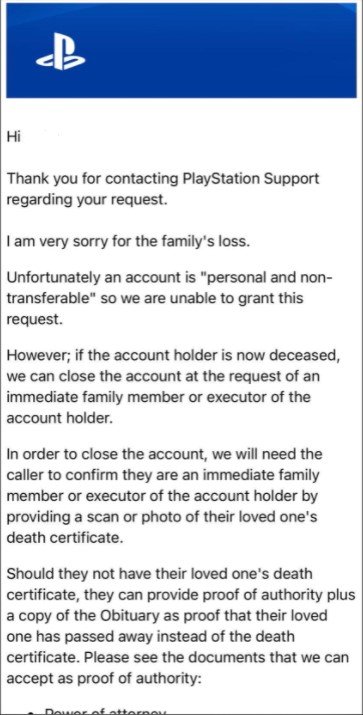 PlayStation Support Account Transfer Email