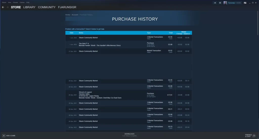 Steam Purchase history page