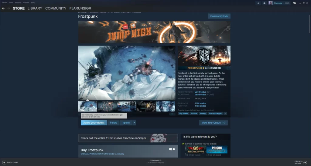 Steam store page for Frostpunk, adding to wishlist