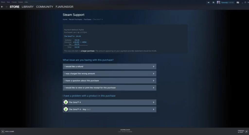 Steam support for Sims 4 page, Steam Game how to refund