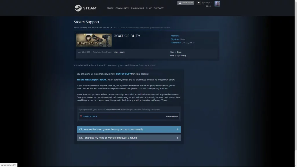 Confirmation screen to remove a game from the Steam library