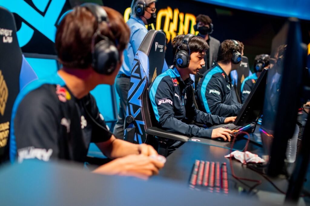 Cloud9's LCS roster on stage during the 2022 LCS Spring Playoffs