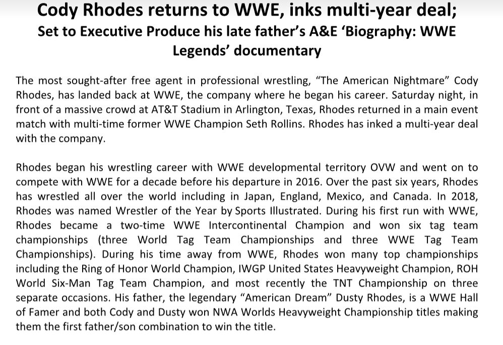 Cody Rhodes WWE Return Press Release