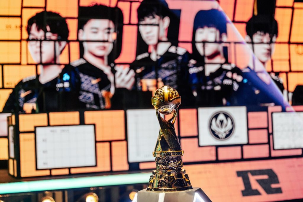 The League of Legends MSI 2022 trophy on display in Busan, South Korea.