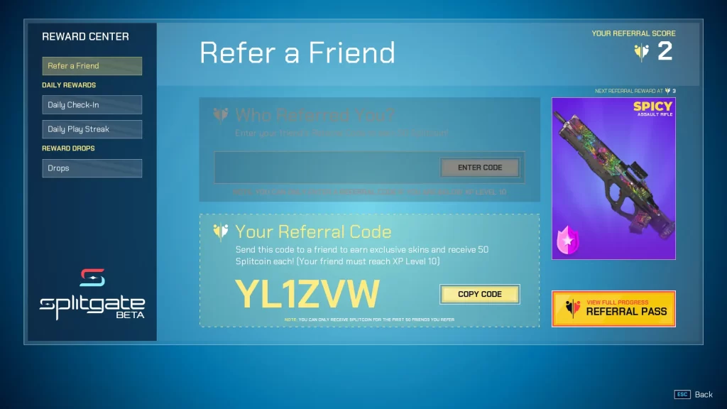 Splitgate refer a friend screen in the reward center